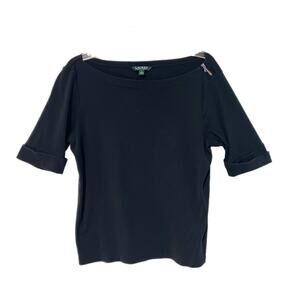 Lauren Ralph Lauren Top Women XL Black Short Sleeve Boat Neck Capsule Old Money
